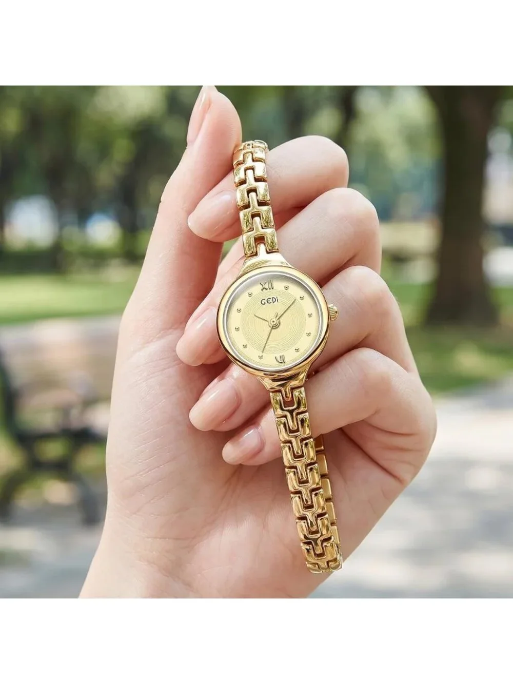 Women’s Gold Dainty Bracelet Quartz in Small Round Dial Alloy Band Wrist Watch